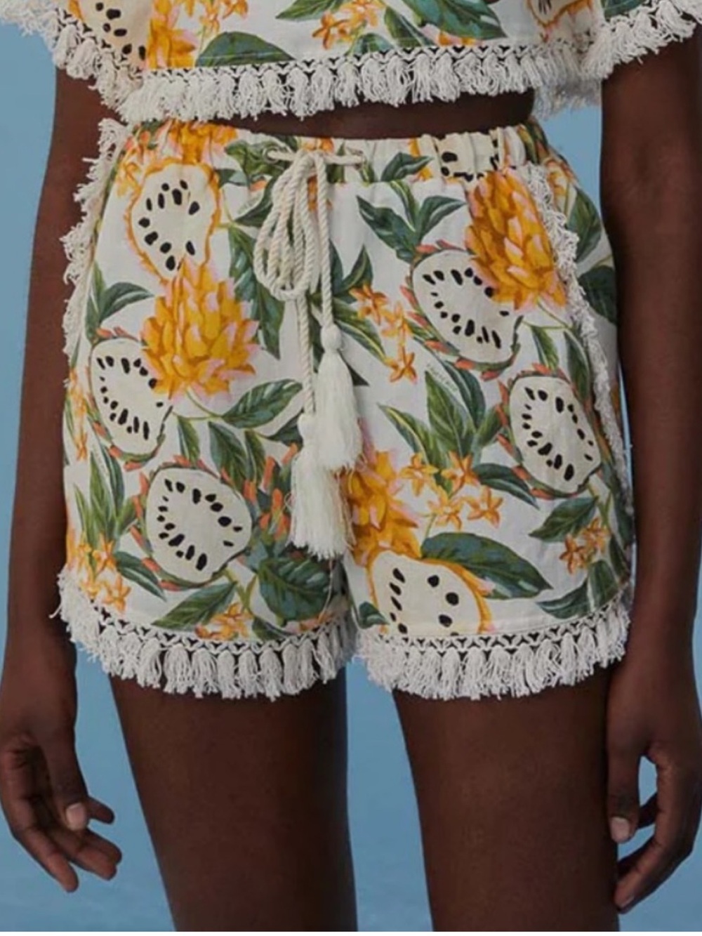 FARM Rio Biriba Off White Print Fringe Trim Shorts